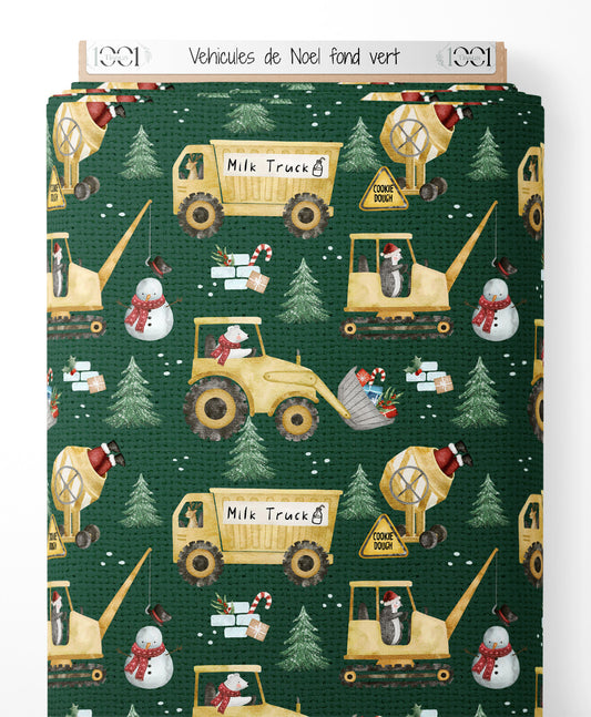 Tissu - Véhicules de Noël sur fond vert