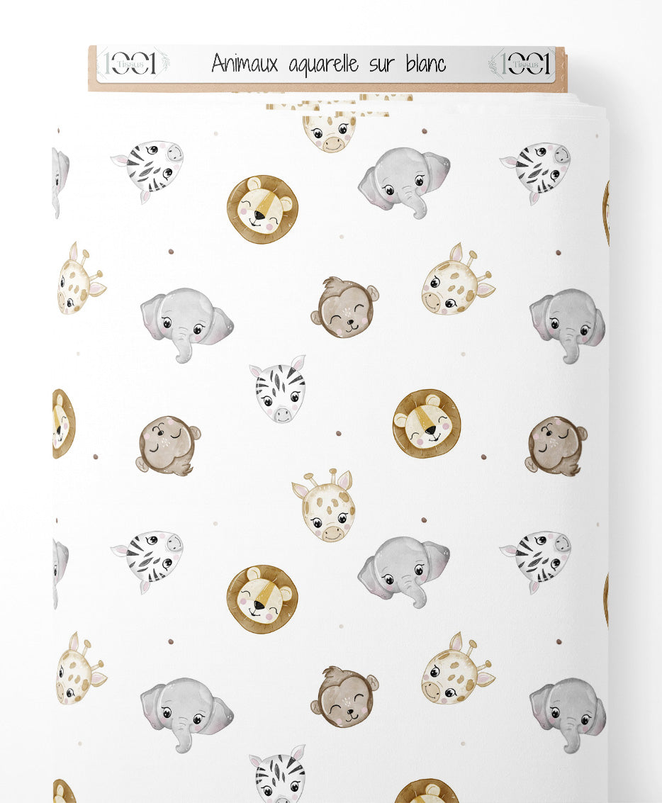 Tissu - Animaux aquarelle sur blanc