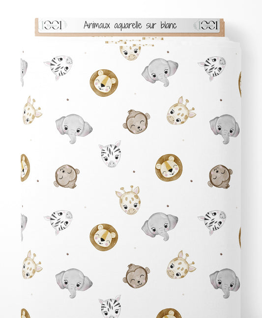 Tissu - Animaux aquarelle sur blanc