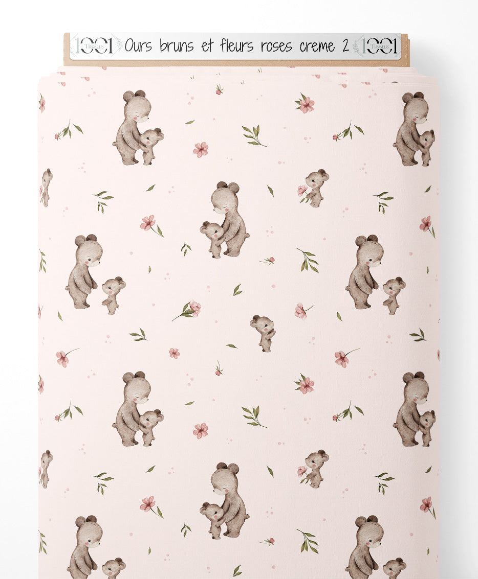 Tissu - Ours bruns et fleurs roses crème 2