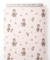 Tissu - Ours bruns et fleurs roses crème 2