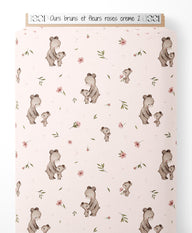 Tissu - Ours bruns et fleurs roses crème 2