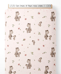 Tissu - Ours bruns et fleurs roses crème 2
