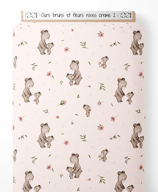 Tissu - Ours bruns et fleurs roses crème 2