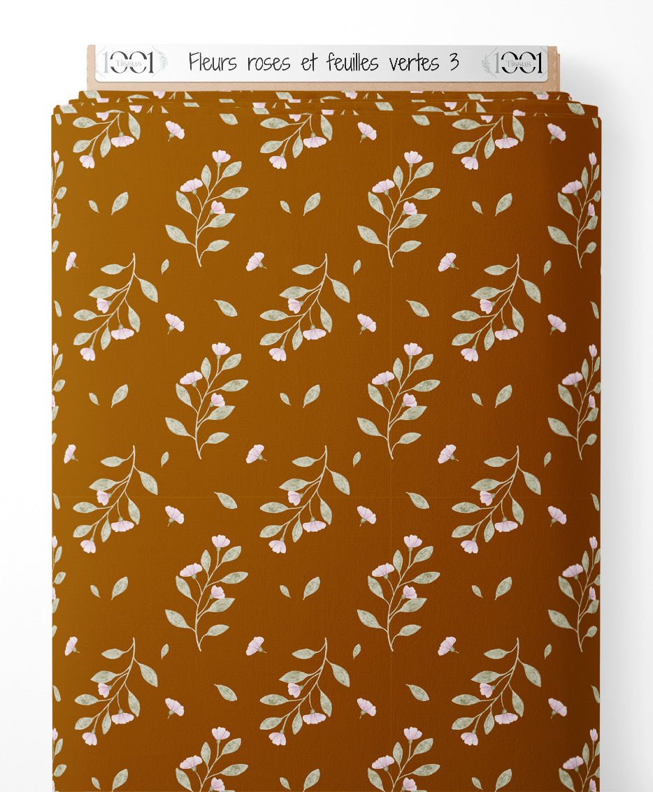 Tissu - Fleurs roses et feuilles vertes 3