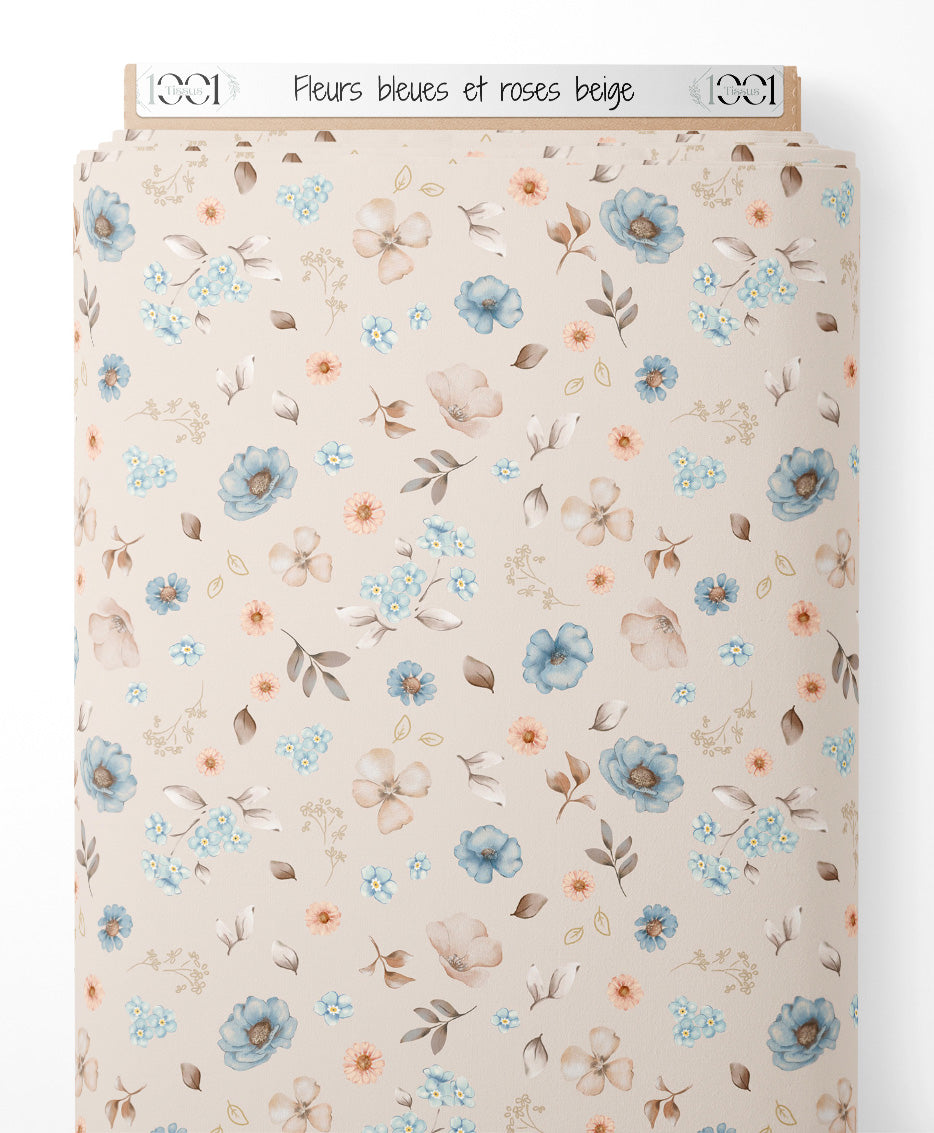 Tissu - Fleurs bleues et roses beige