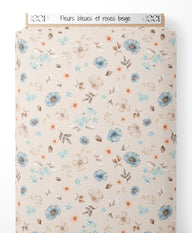 Tissu - Fleurs bleues et roses beige