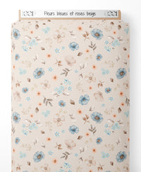 Tissu - Fleurs bleues et roses beige