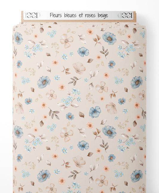 Tissu - Fleurs bleues et roses beige