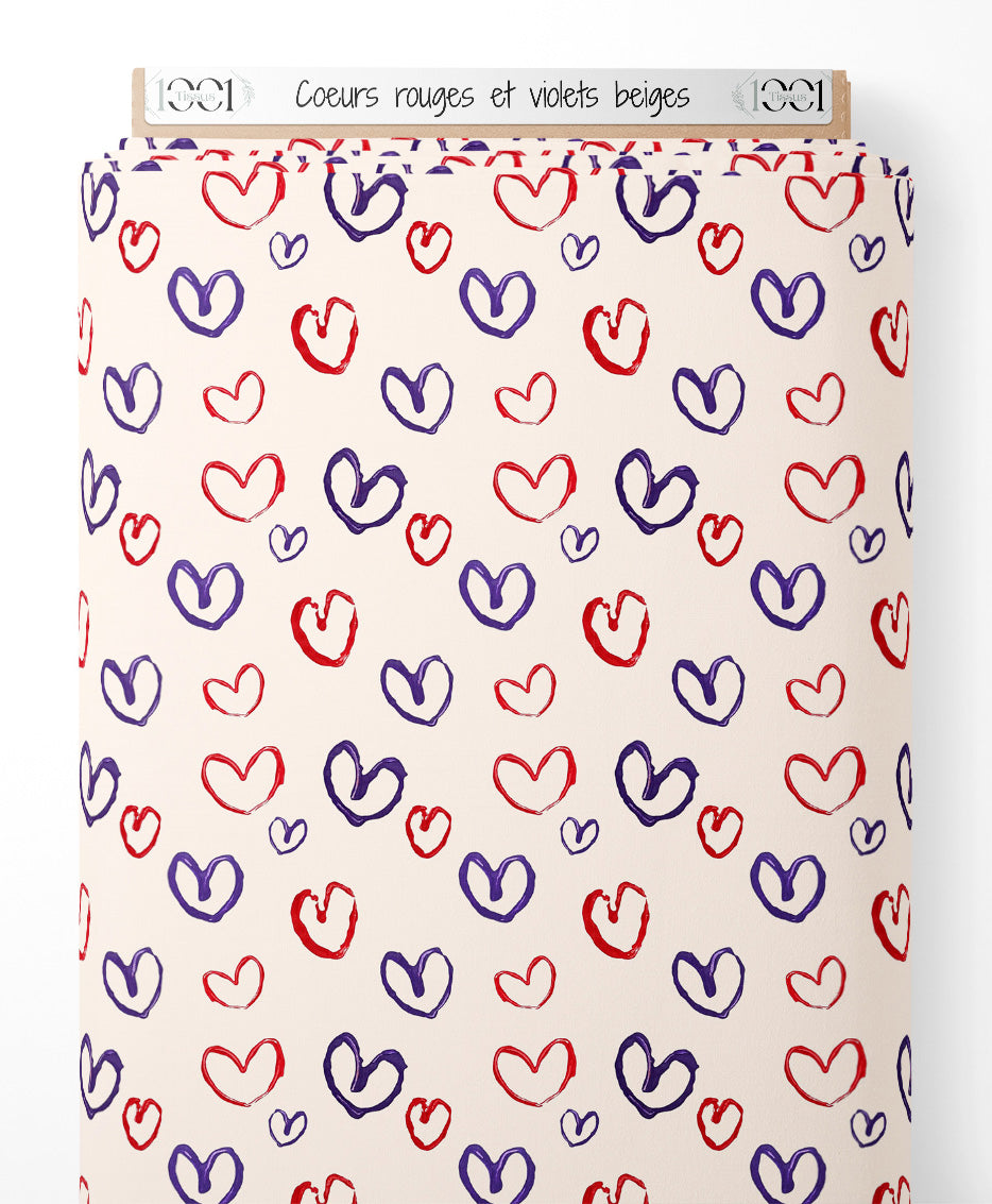 Tissu - Cœurs rouges et violets beiges