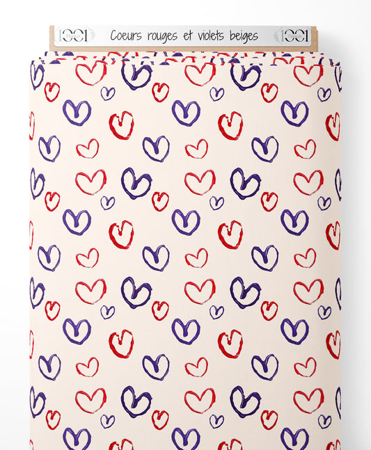 Tissu - Cœurs rouges et violets beiges