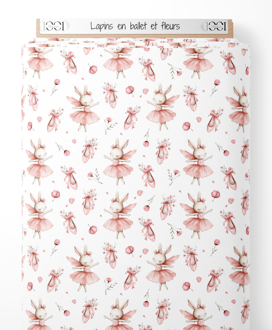 Tissu - Lapins en ballet et fleurs