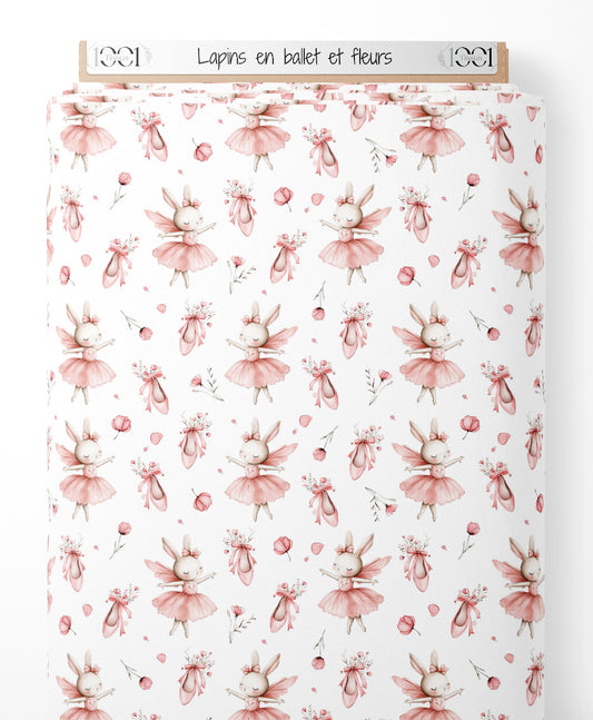 Tissu - Lapins en ballet et fleurs