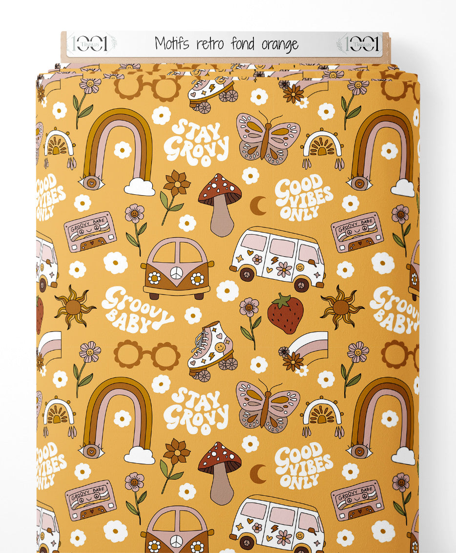 Tissu - Motifs rétro sur fond orange