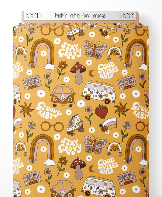 Tissu - Motifs rétro sur fond orange