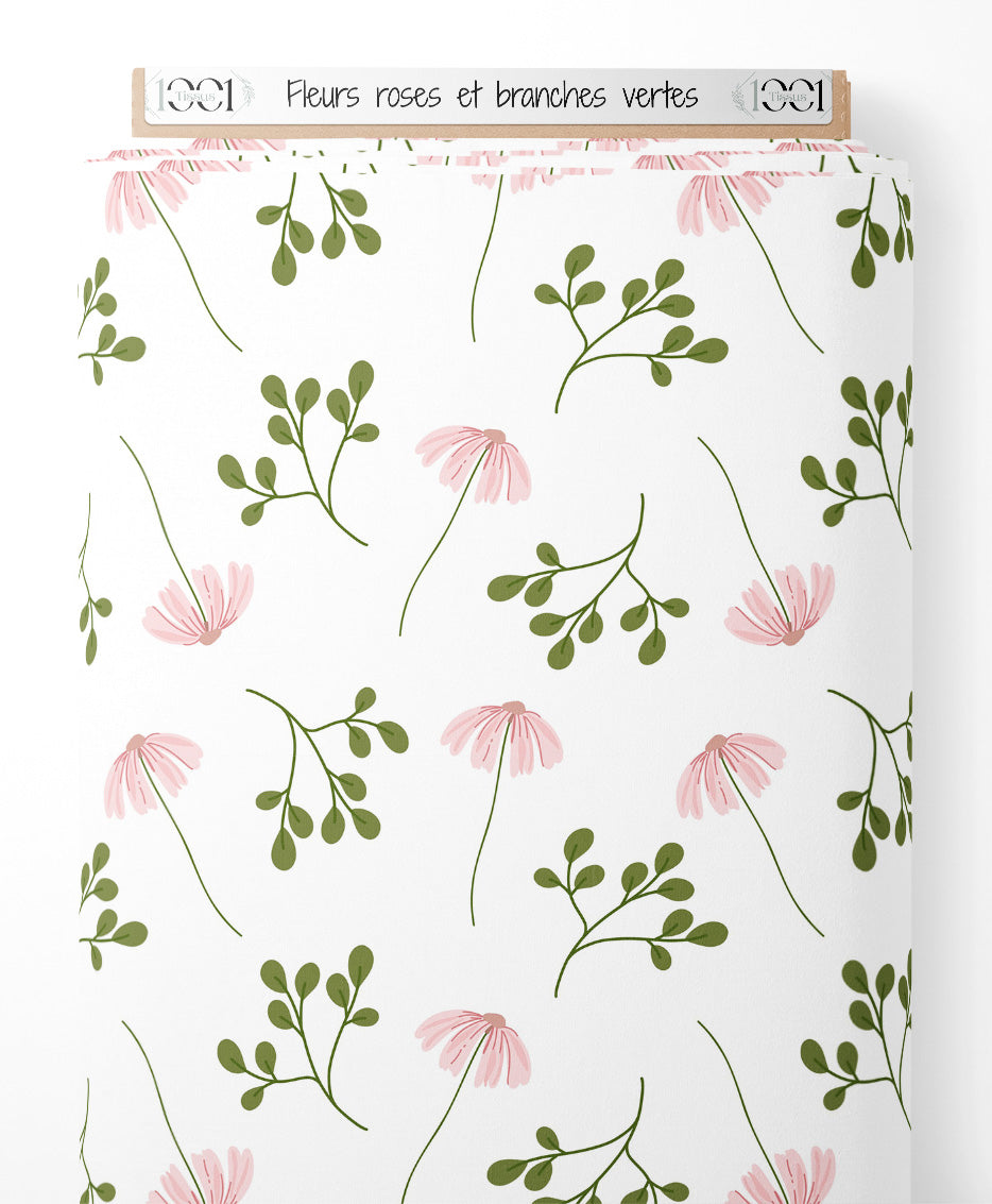 Tissu - Fleurs roses et branches vertes
