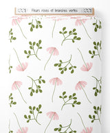 Tissu - Fleurs roses et branches vertes