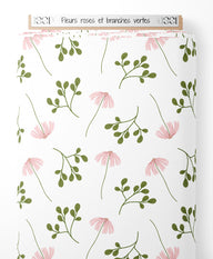 Tissu - Fleurs roses et branches vertes