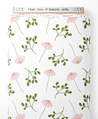 Tissu - Fleurs roses et branches vertes