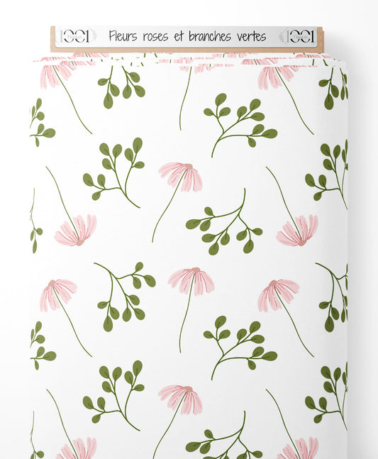 Tissu - Fleurs roses et branches vertes