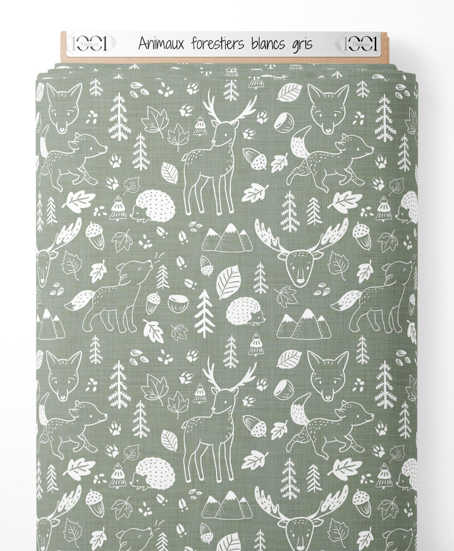 Tissu - Animaux forestiers blancs gris