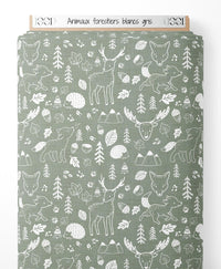 Tissu - Animaux forestiers blancs gris
