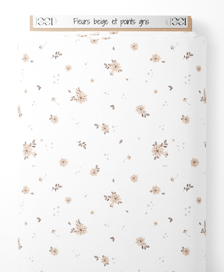 Tissu - Fleurs beige et points gris