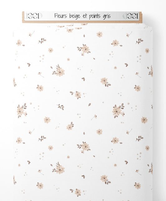 Tissu - Fleurs beige et points gris