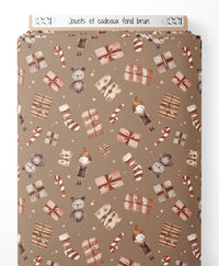 Tissu - Jouets et cadeaux sur fond brun