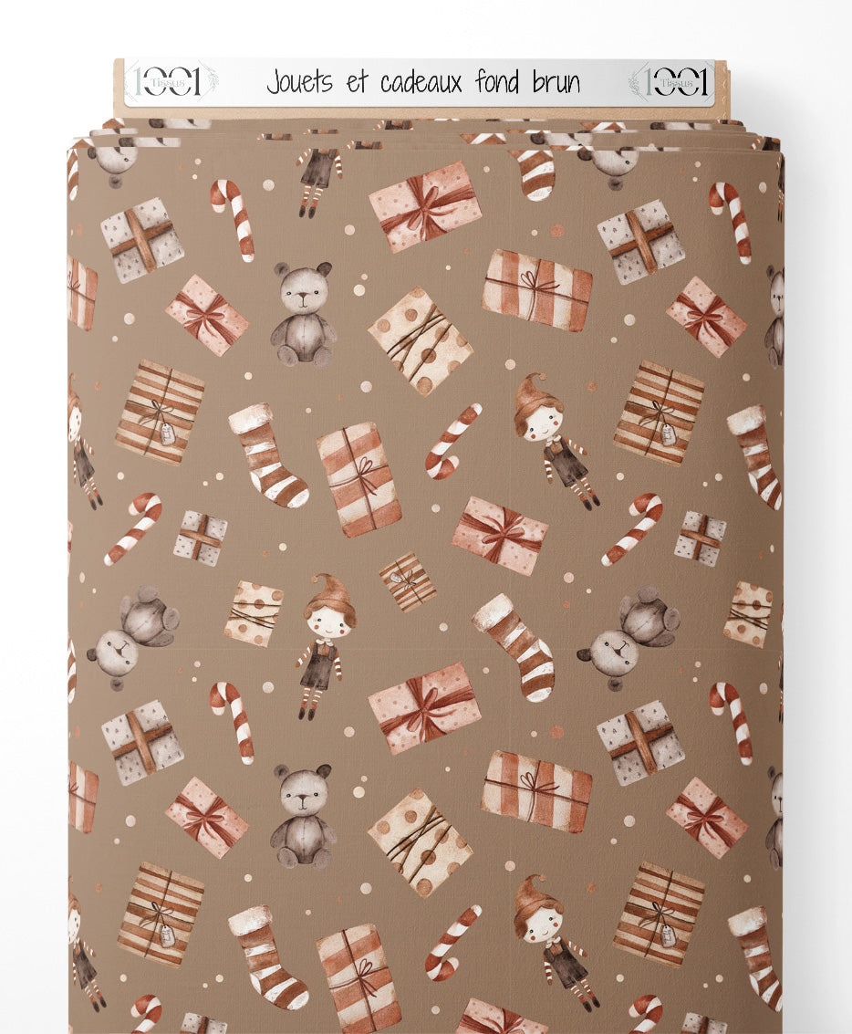 Tissu - Jouets et cadeaux sur fond brun