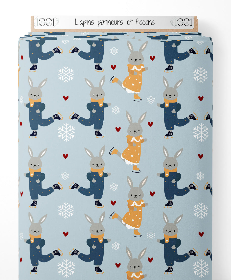Tissu - Lapins patineurs et flocons