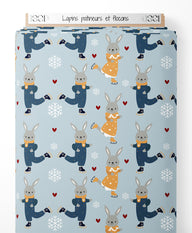 Tissu - Lapins patineurs et flocons