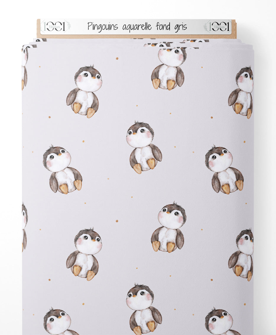 Tissu - Pingouins aquarelle fond gris