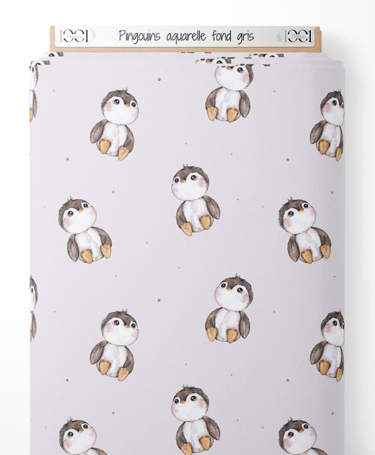 Tissu - Pingouins aquarelle fond gris