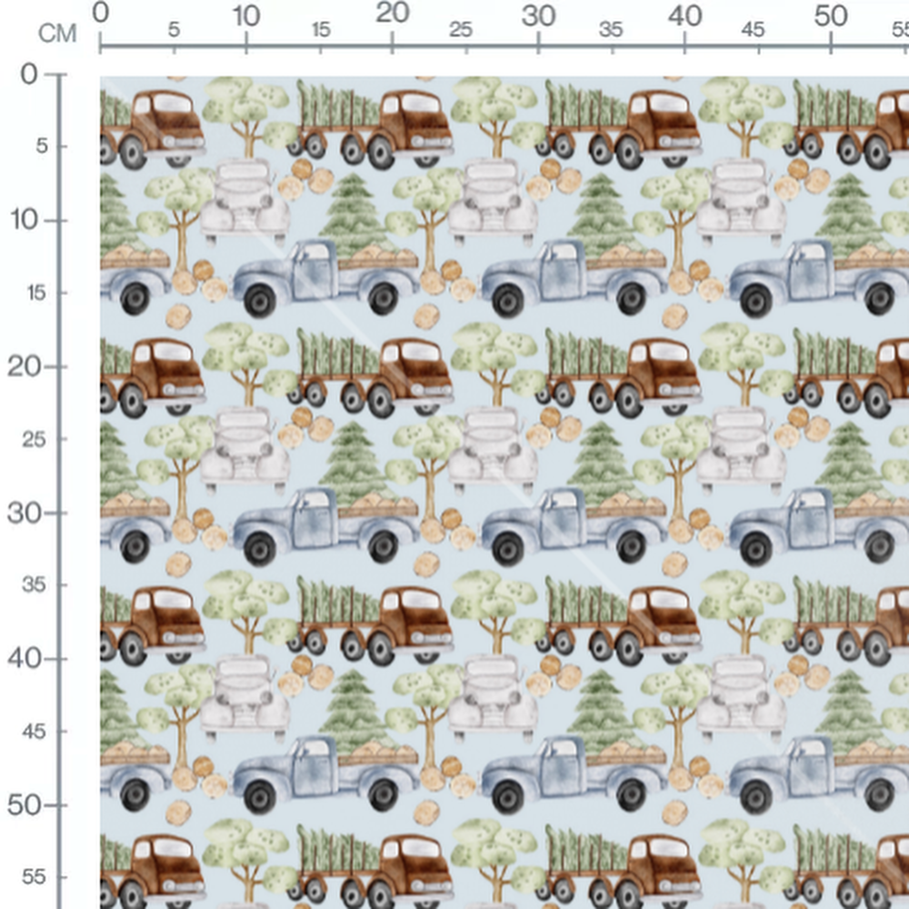 Tissu - Camions sur fond bleu clair
