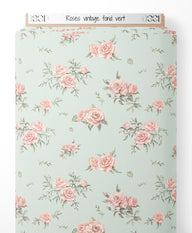 Tissu - Roses vintage sur fond vert