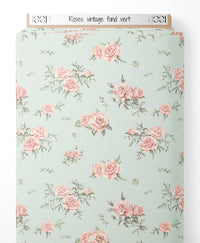Tissu - Roses vintage sur fond vert