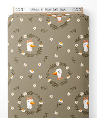 Tissu - Oiseaux et fleurs sur fond taupe