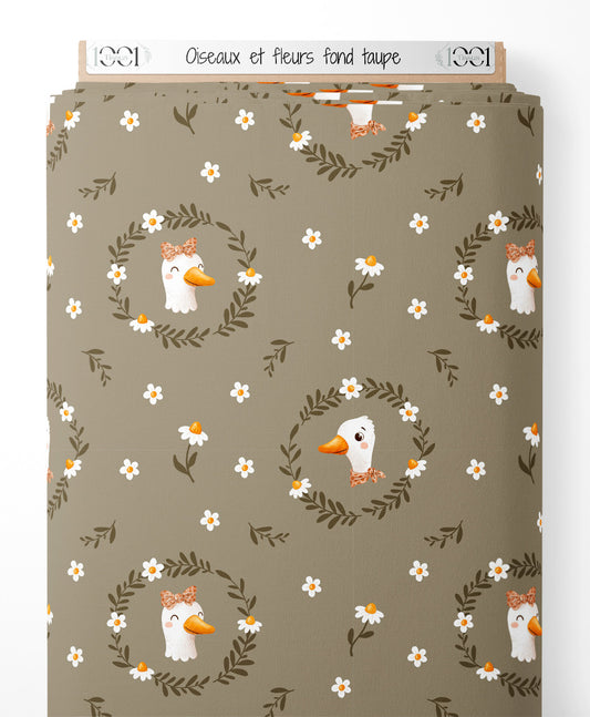 Tissu - Oiseaux et fleurs sur fond taupe