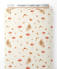 Tissu - Champignons et papillons beige