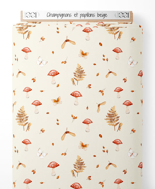 Tissu - Champignons et papillons beige