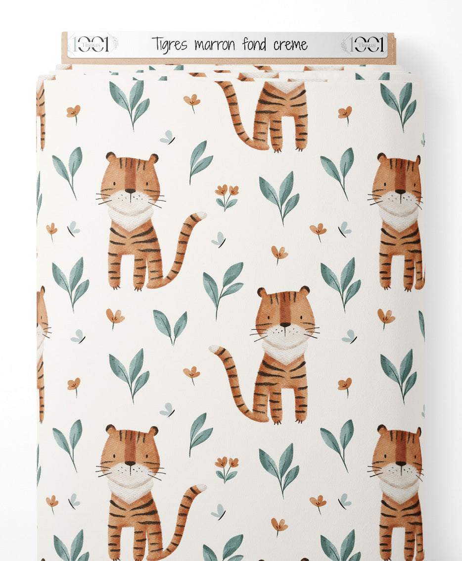 Tissu - Tigres marron sur fond crème