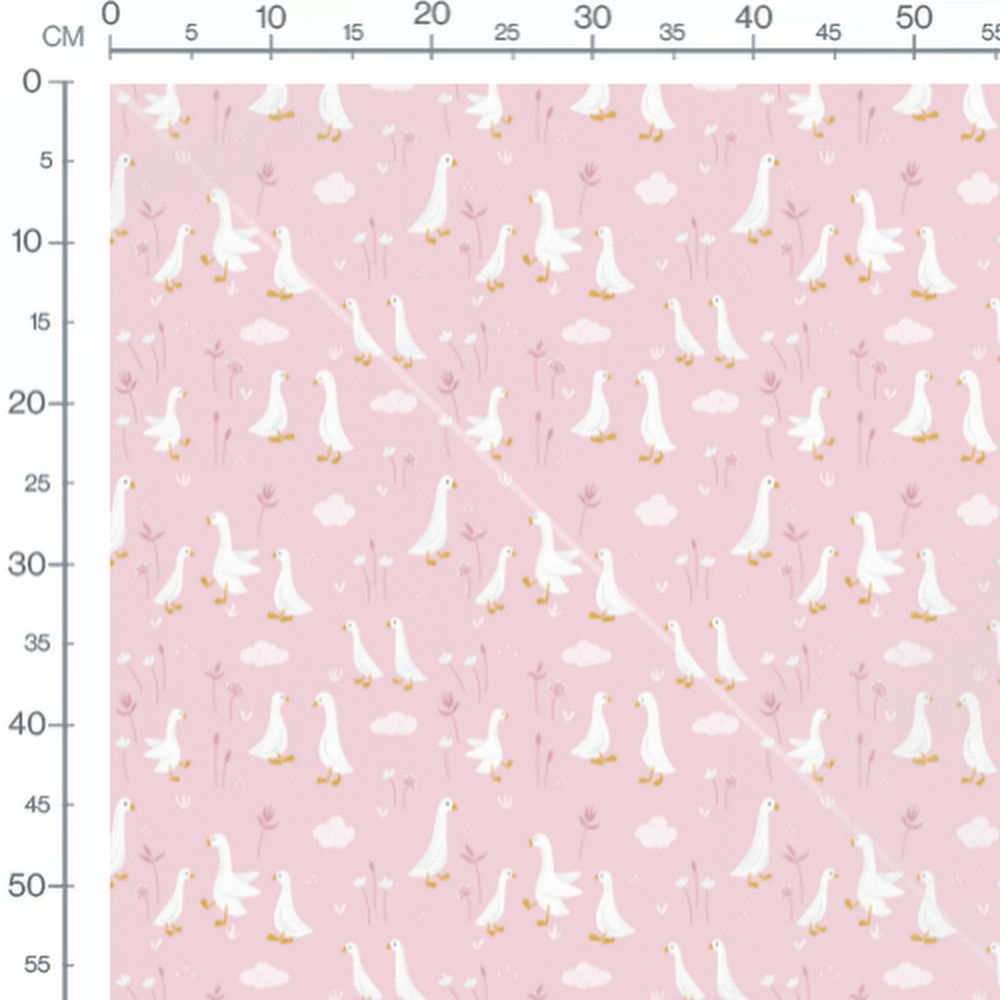 Tissu - Oies blanches et fleurs roses