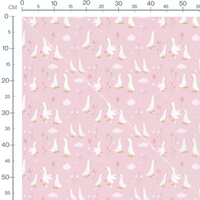 Tissu - Oies blanches et fleurs roses