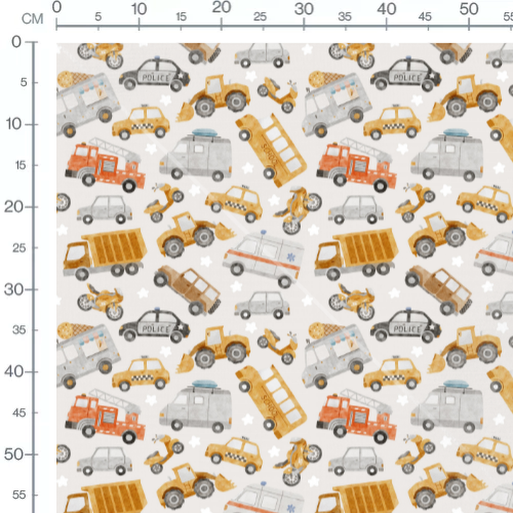 Tissu - Véhicules vifs sur fond blanc