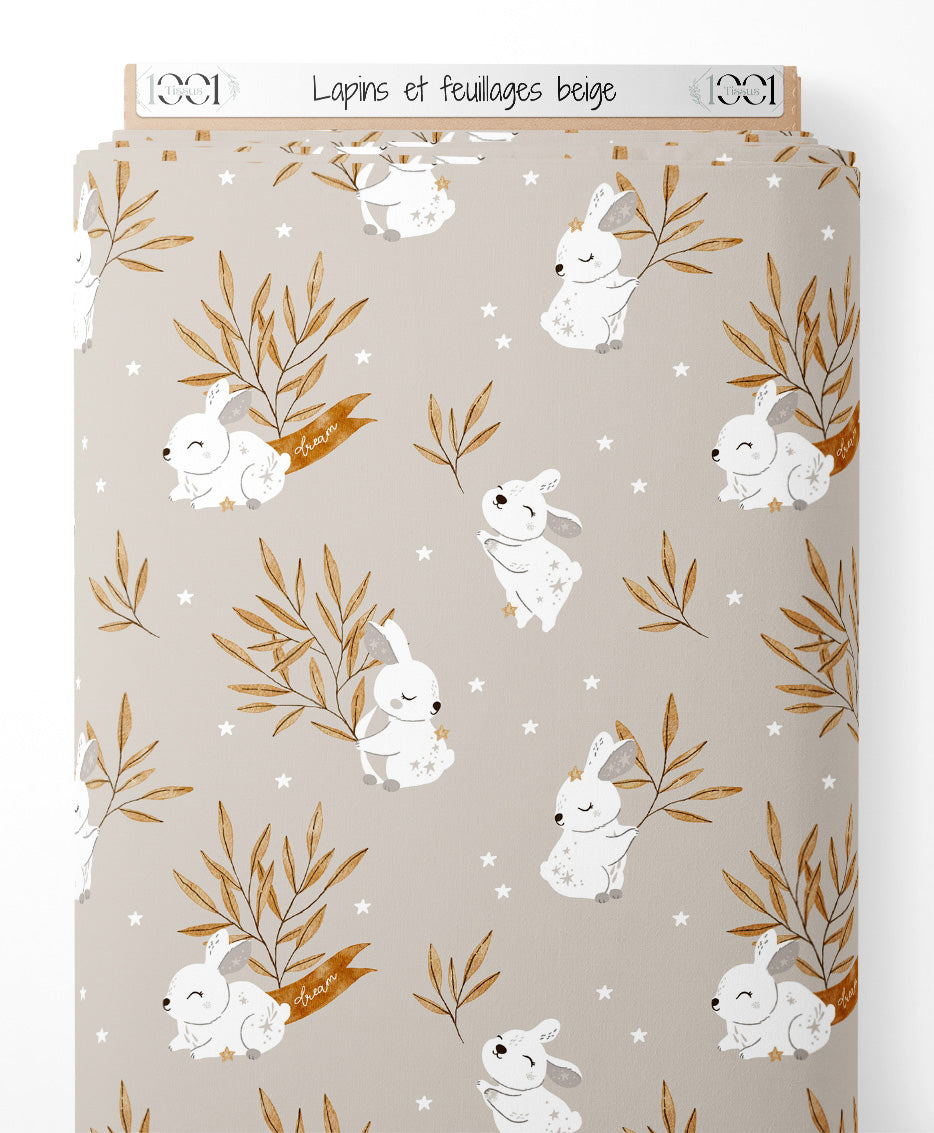 Tissu - Lapins et feuillages beige