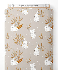 Tissu - Lapins et feuillages beige