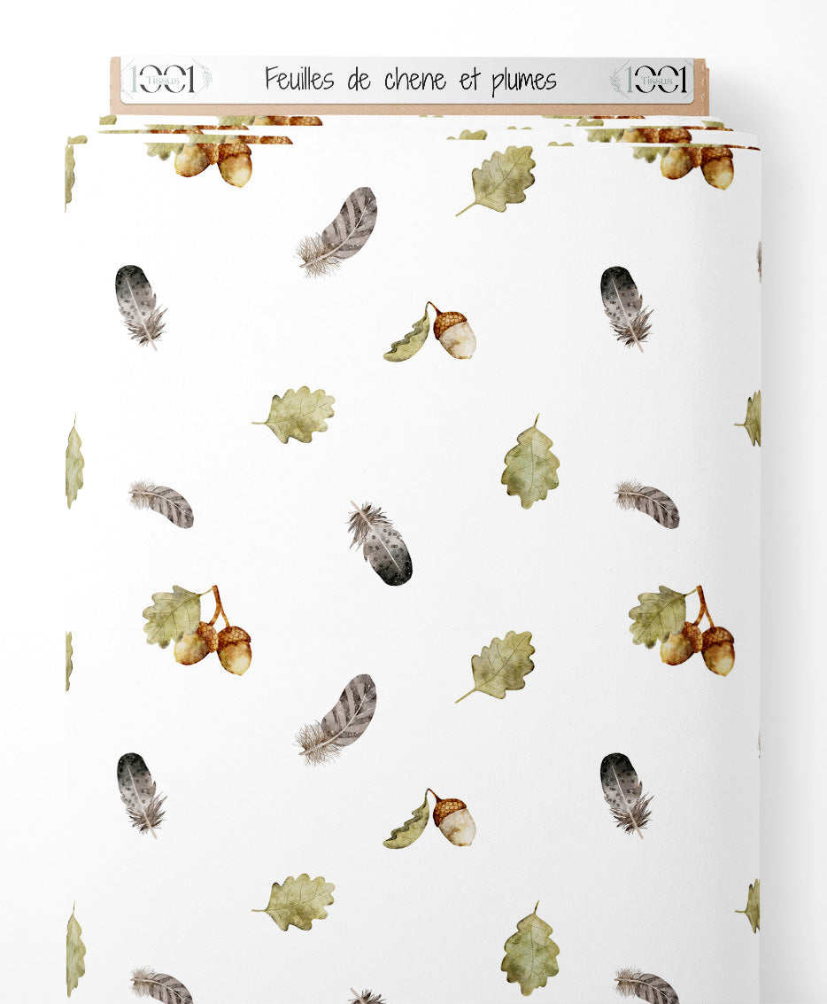 Tissu - Feuilles de chêne et plumes