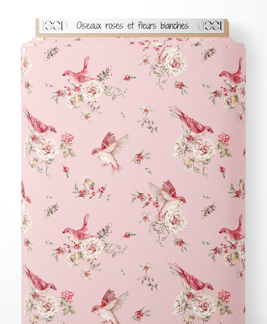 Tissu - Oiseaux roses et fleurs blanches