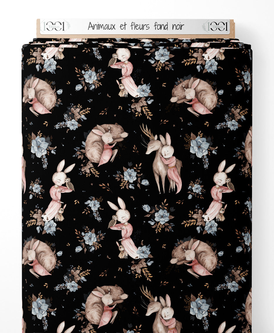 Tissu - Animaux et fleurs sur fond noir